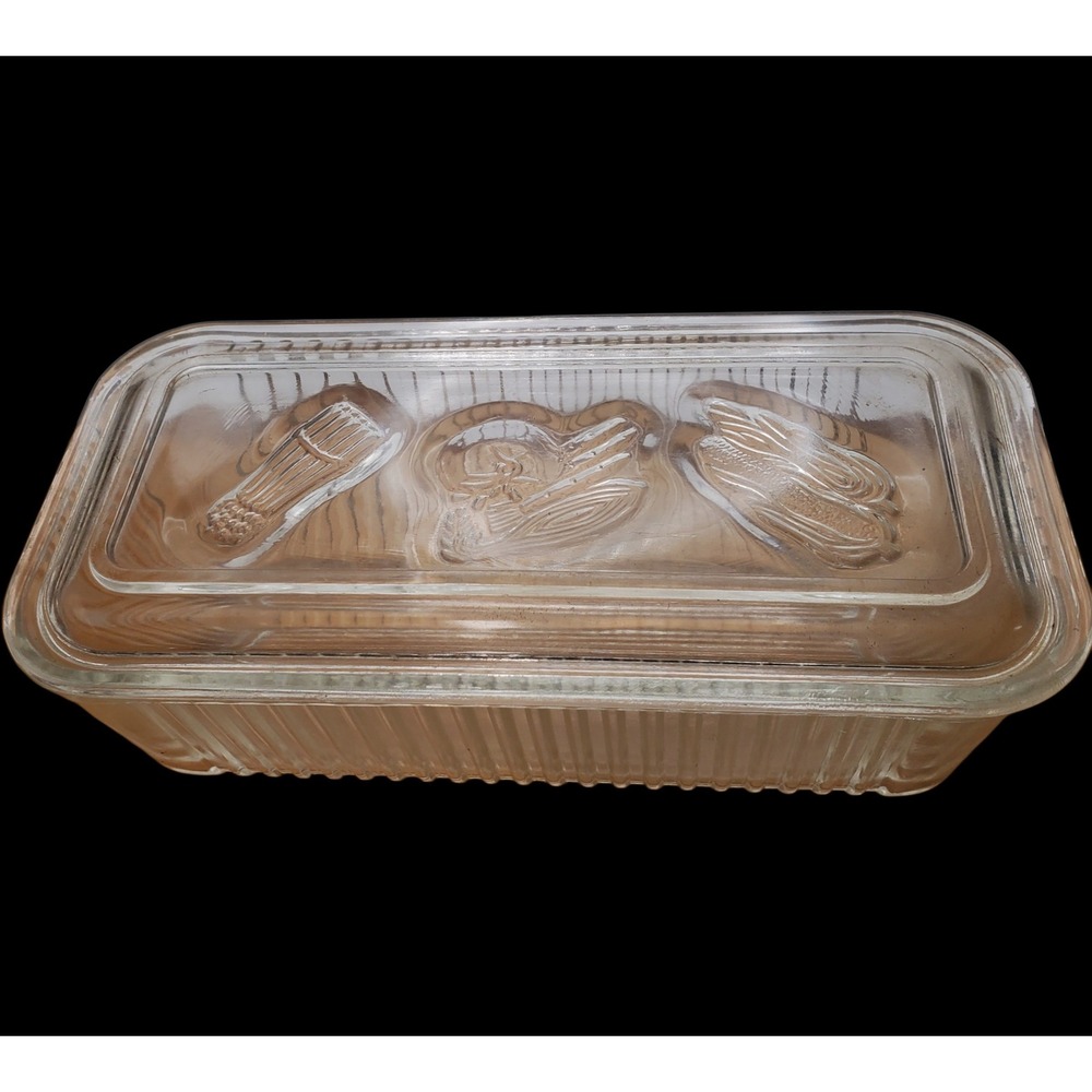 Vintage Clear Glass Refrigerator Dish Embossed Vegetable Lid Ribbed Storage